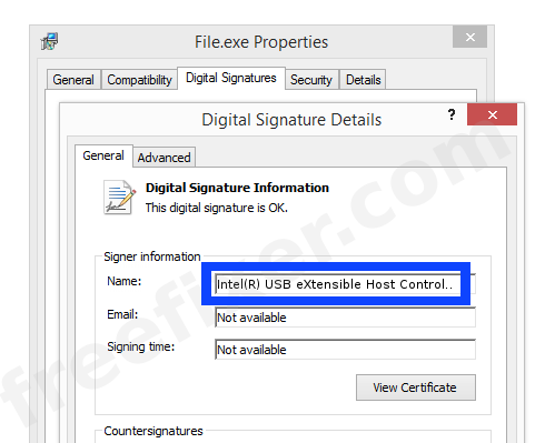 Screenshot of the Intel(R) USB eXtensible Host Controller Drivers certificate